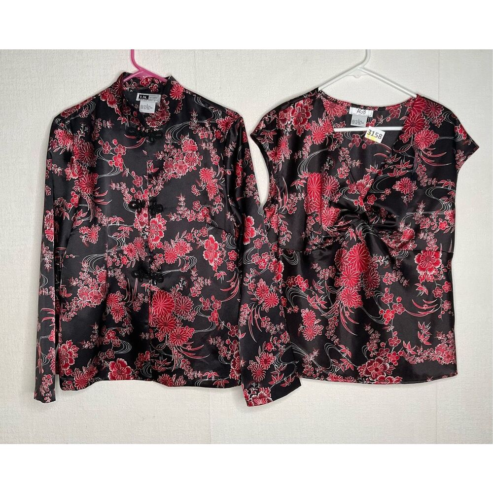 Vintage AGB IN Oriental Jacket/Blouse +Tank Top Outfit Set Silk Asian Shirt sz L